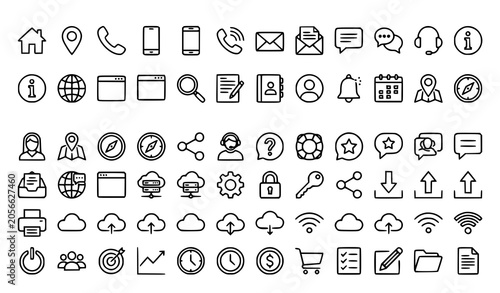 Web and contact outline icon set with home location call email search and support symbols