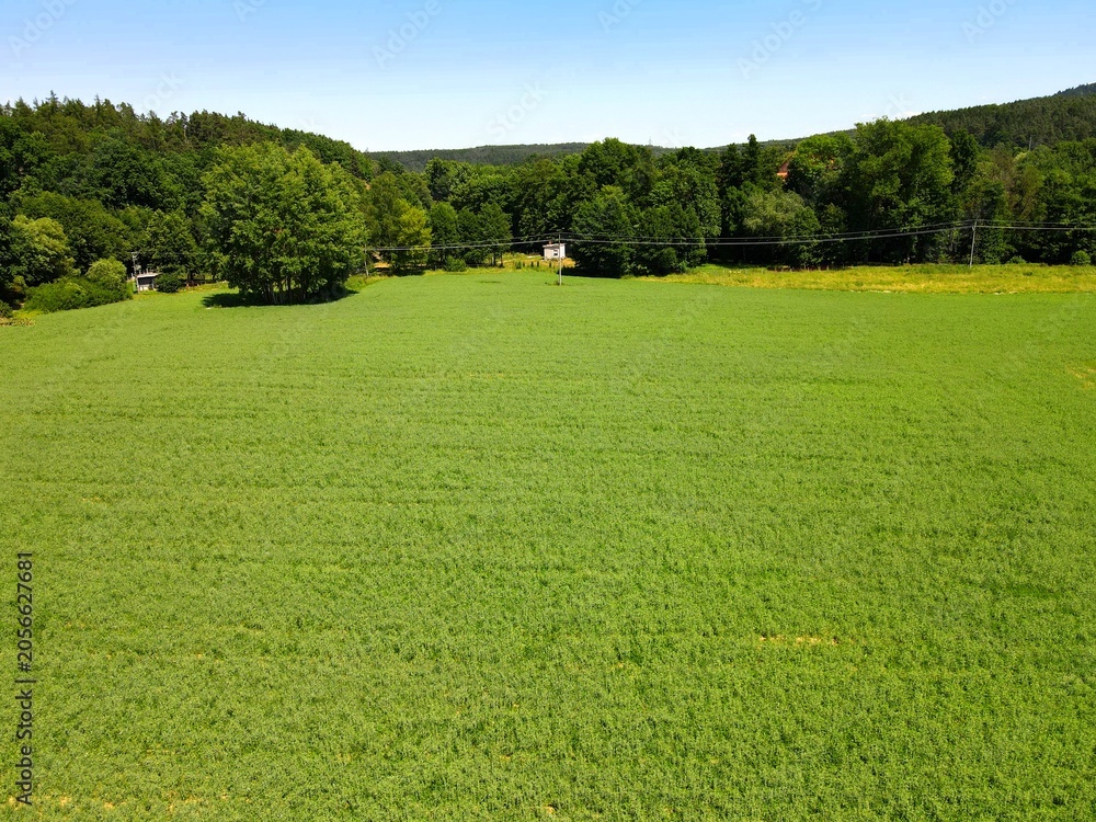 Obraz premium Land for sale and investment in aerial view. Include green field, agriculture farm. That real estate or property. Plot of land lot