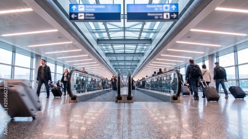 Abstract Motion Blur of People on Moving Walkway in Modern Airport Terminal