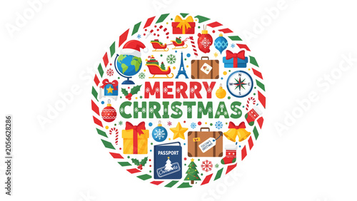 Foto Merry Christmas Travel Collage: A festive circular collage celebrates a Merry Christmas with a travel theme, featuring globes, suitcases, passports, and holiday icons