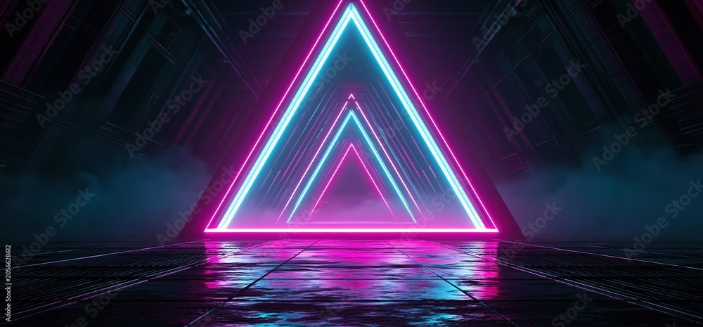 Fototapeta premium Neon triangular light in dark futuristic studio with reflections