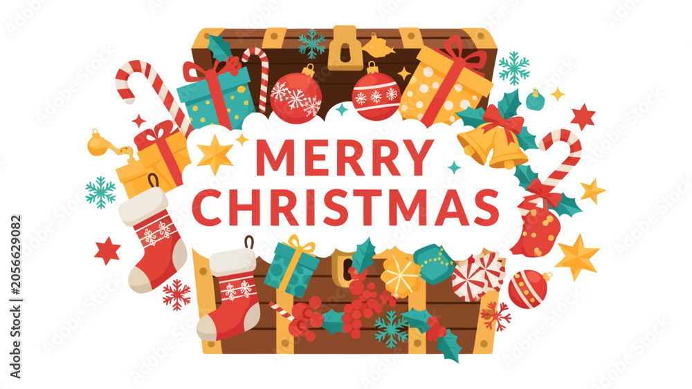 Fototapeta premium Christmas Treasure Chest Full of Gifts: A festive treasure chest brimming with wrapped presents, ornaments, candy canes, and snowflakes.