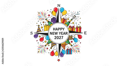 Fotografija Happy New Year 2027 Compass Celebration: A vibrant and festive illustration symbolizing new beginnings and celebration for the year 2027