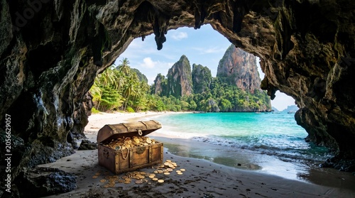 Open treasure chest with gold coins in a tropical sea cave