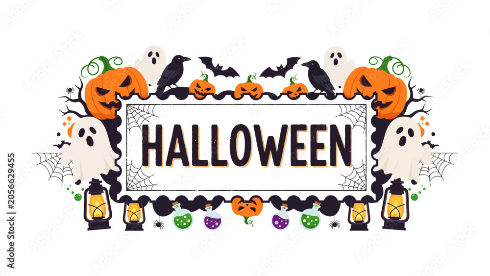 Naklejka premium Halloween Spooktacular: A festive Halloween banner features classic motifs like pumpkins, ghosts, bats, and ravens, creating a fun and spooky atmosphere for the holiday.