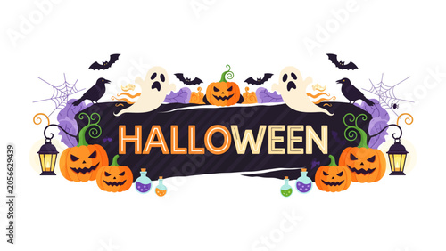 Canvastavla Halloween Celebration Banner: A festive banner adorned with pumpkins, ghosts, bats, and lanterns announces the joyous occasion of Halloween