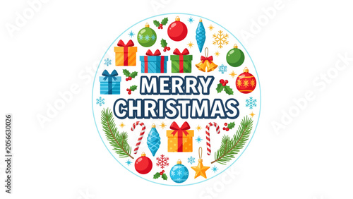 Festive Christmas Emblem: A delightful circular emblem adorned with colorful Christmas icons, including gift boxes, ornaments, candy canes, and pine sprigs.
