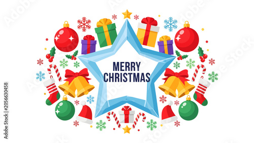 Christmas Celebration Illustration: A festive and colorful illustration encircles a large blue star that reads Merry Christmas. The border is filled with classic holiday symbols like gift boxes.