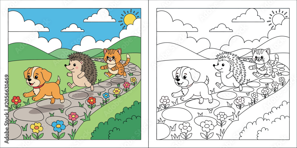 Fototapeta premium Happy Cartoon Dog, Hedgehog, and Cat Running on a Stone Path in a Flower-Filled Landscape