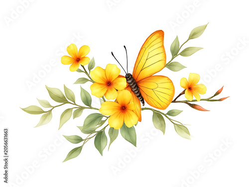 Watercolor floral bouquet illustration set of yellow Butterfly Bush flowers, yellow Bulbine Flowers, and yellow Butterfly Bush blooms for elegant botanical garden art design

