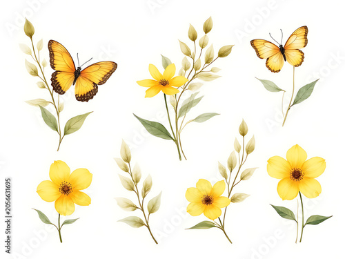 Watercolor floral bouquet illustration set of yellow Butterfly Bush flowers, yellow Bulbine Flowers, and yellow Butterfly Bush blooms for elegant botanical garden art design

