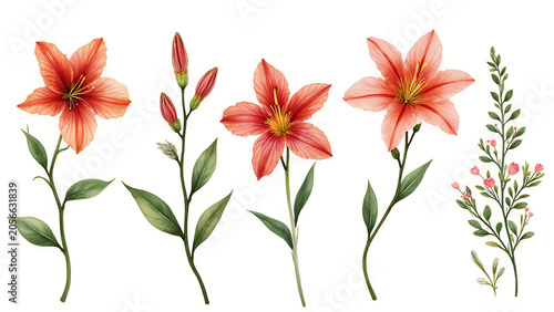 Watercolor floral bouquet illustration set of Marigold Flowers in vibrant orange and yellow tones, and Daylily Flowers in soft golden peach hues for elegant botanical art

