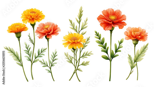 Watercolor floral bouquet illustration set of Marigold Flowers in vibrant orange and yellow tones, and Daylily Flowers in soft golden peach hues for elegant botanical art

