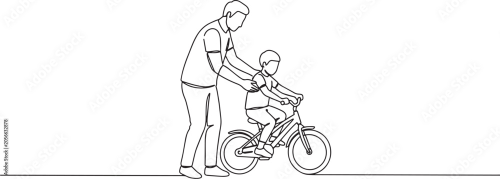 Fototapeta premium Father assisting child learning to ride a bicycle, promoting outdoor activity.