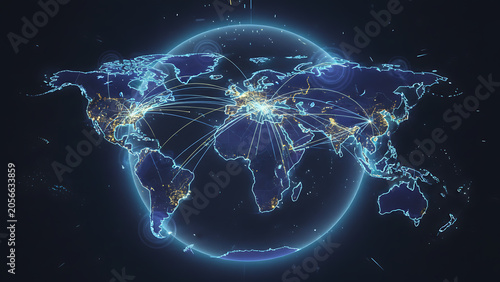 Luminous holographic world map featuring glowing connection network, interconnected continent, and shining data pathway representing international digital communication and global connectivity.