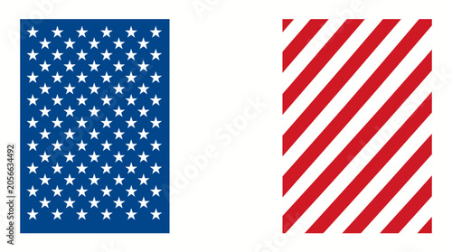 Abstract American flag inspired design with blue field of white stars and red diagonal stripes on white background
