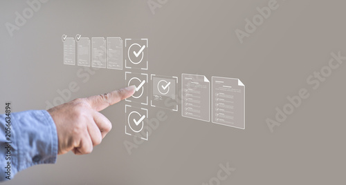 Foto Digital compliance checklist interface with businessman managing corporate quali