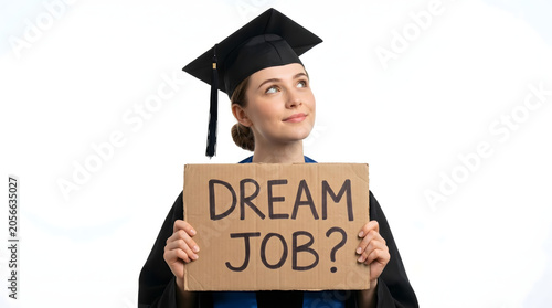 Graduate, dream job and student with cardboard sign for career, employment and recruitment. Woman, graduation cap and gown in studio with white background for future, hope and hiring searches