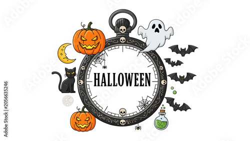Tableau sur toile Halloween Medley: A whimsical collage of classic Halloween icons—jack-o'-lanterns, a friendly ghost, bats, a black cat, a crescent moon