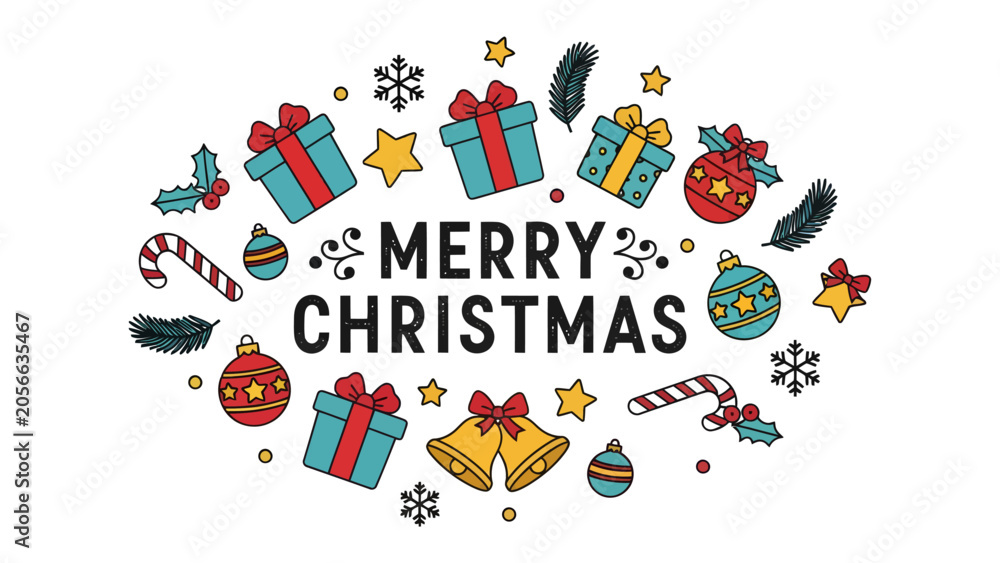 Naklejka premium Festive Merry Christmas Greeting: A colorful and whimsical arrangement of Christmas elements, including gifts, ornaments, candy canes, stars, snowflakes, and bells.