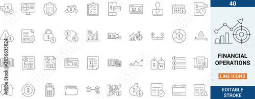 Financial operations vector line icon set. Featuring corporate banking transaction, accounting invoice and business cash audit.
