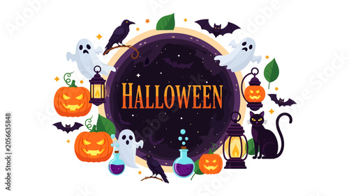 Spooky Halloween Celebration: A vibrant illustration captures the essence of Halloween with playful ghosts, grinning jack-o'-lanterns, eerie crows, and mischievous bats.