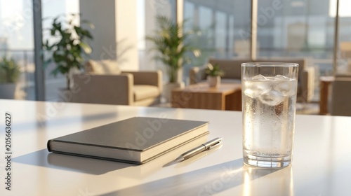 Chilled Water Glass With Journal On White Desk In Contemporary Office