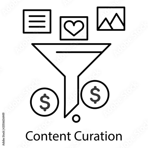 Tableau sur toile Content curation funnel line icon with media filtering and money coins editable