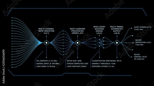 Animation of digital AI data pipeline network illuminating ingestion and machine learning processing on a deep black background
