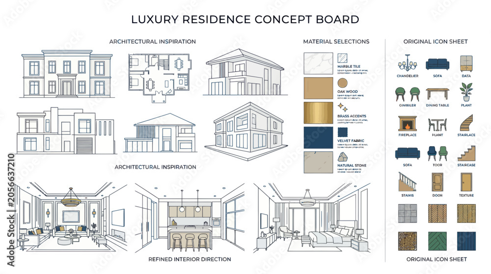 Naklejka premium Luxury Residence Concept Board: Architecture, Materials, and Interior Design Ideas