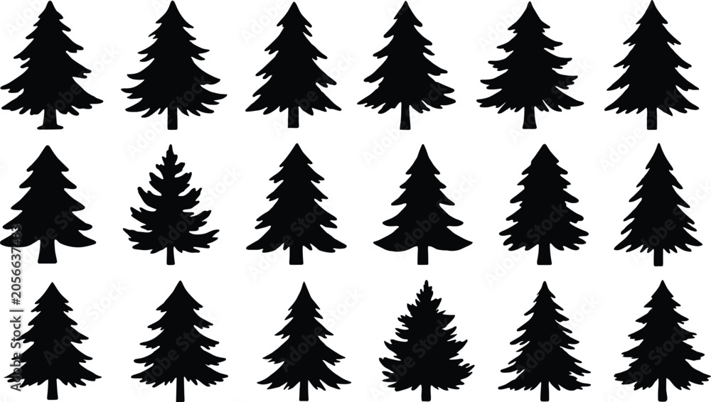 Obraz premium Assortment of Black Pine Tree Silhouettes in a Grid Layout evergreen