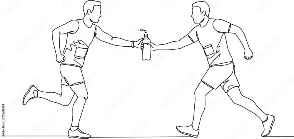 Fototapeta premium Two runners exchanging a water bottle during a marathon race.