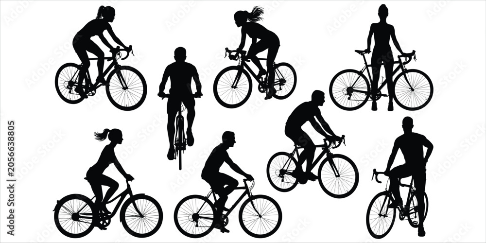Fototapeta premium Diverse group of cyclists in silhouette on white background Keywords: cycling, bicycle, cyclist, silhouette, sport, recreation