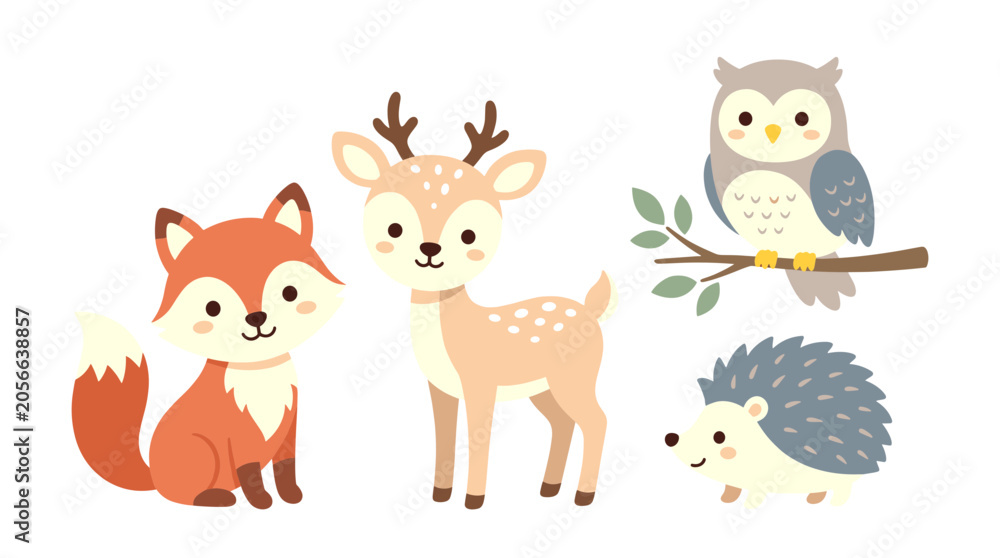Fototapeta premium Adorable illustration of woodland creatures including a fox, deer, owl, and hedgehog