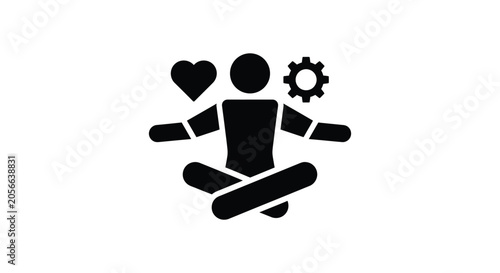 Fotografie Silhouette of person sitting in a meditative pose with gears and heart icons