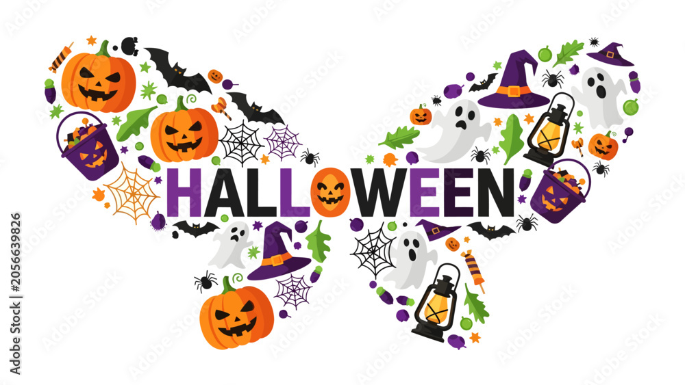 Fototapeta premium Halloween Butterfly Collage: A whimsical collage in the shape of a butterfly, featuring classic Halloween motifs like pumpkins, ghosts, bats, and witch hats, spells out HALLOWEEN in festive lettering.