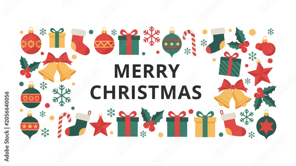Fototapeta premium Festive Christmas Frame: A cheerful arrangement of Christmas ornaments, gift boxes, stockings, candy canes, bells, and snowflakes surrounds the text Merry Christmas, creating a festive holiday border.