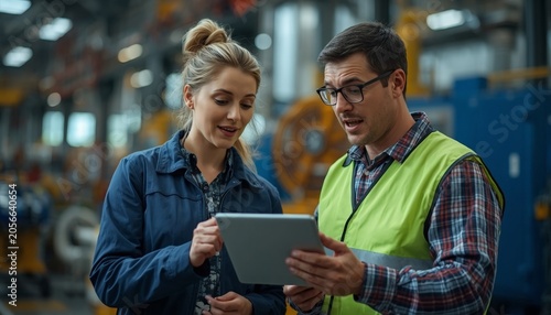 There is a man and woman standing in a factory looking at something on a tablet