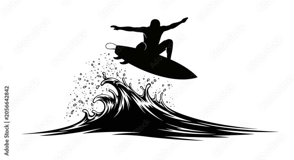 Fototapeta premium Black silhouette of surfer riding wave on surfboard