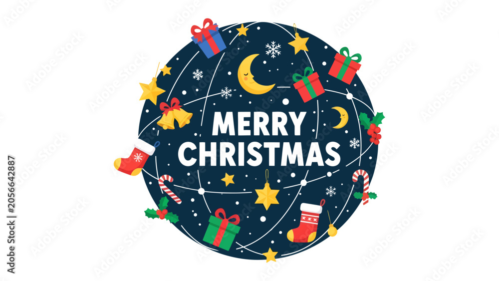 Fototapeta premium Merry Christmas Global Greeting: A festive circular design encapsulating the spirit of Christmas with global elements like a crescent moon and stars, adorned with presents, stockings, bells.