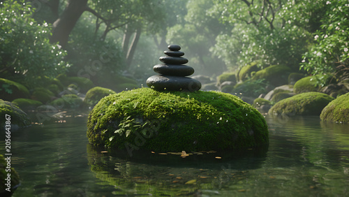 Zen basalt stone cairn balanced atop mossy rock amidst tranquil emerald pond in serene nature setting reflecting peaceful meditation and harmony.