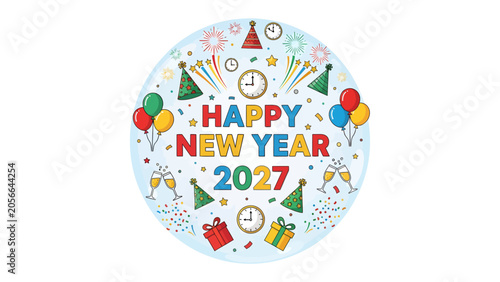 Photography Happy New Year 2027 Celebration Graphic: A vibrant circular graphic with colorful elements signifying a joyous New Year's Eve celebration for 2027, featuring fireworks, balloons, champagne glasses