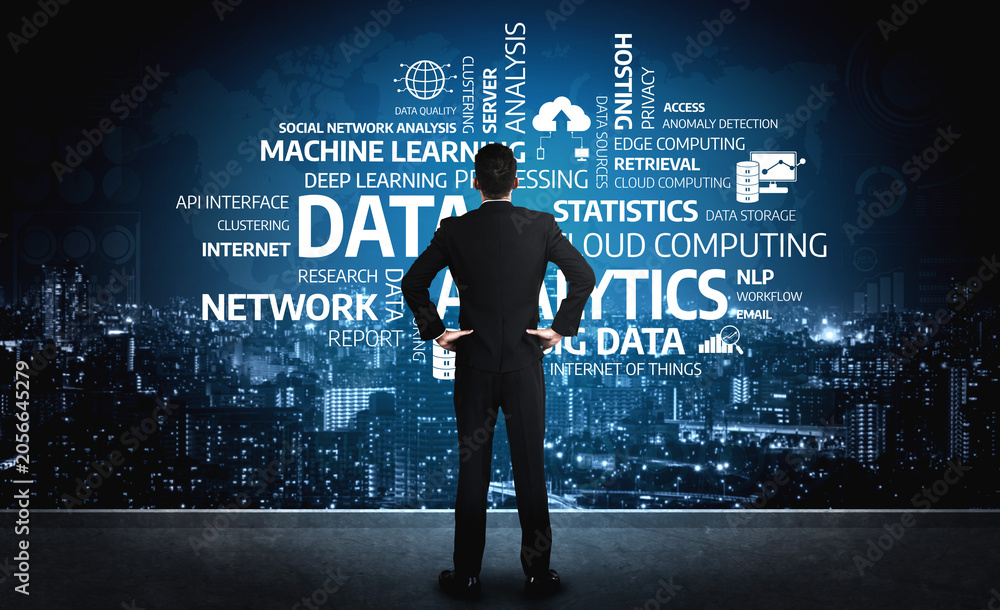 Fototapeta premium A business professional stands in front of a futuristic urban skyline, contemplating data analytics concepts. The image emphasizes technology and innovation in analytics. Tessel