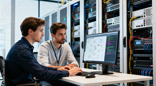 IT specialists collaborating on blockchain network development in technical department
