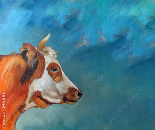 Obraz na plátně Ritratto artistico di una mucca pezzata marrone e bianca di profilo, dipinto a m