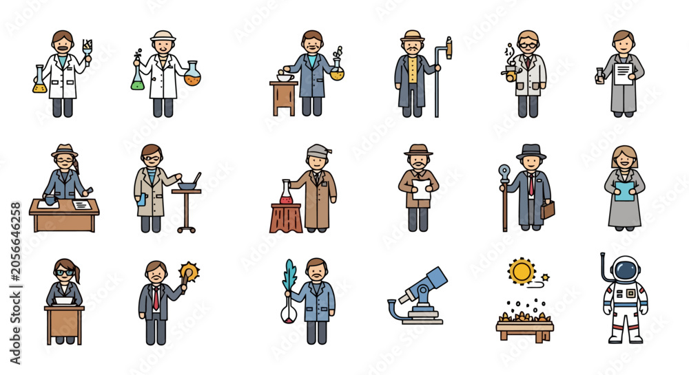 Fototapeta premium A collection of pixel art icons depicting various scientists and historical figures engaged in scientific pursuits.