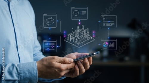 Businessman managing industrial factory operations using smartphone interface with digital holograms, smart manufacturing, digital twin, automated production modern technology business concept
