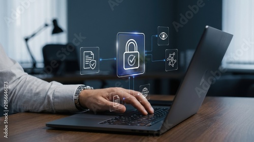 Businessman typing on laptop keyboard to access secure digital documents and encrypted networks, cybersecurity, digital identity, data protection, privacy software modern technology business concept