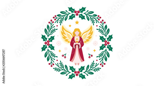 Tableau sur toile Christmas angel with candle inside a festive holly wreath.