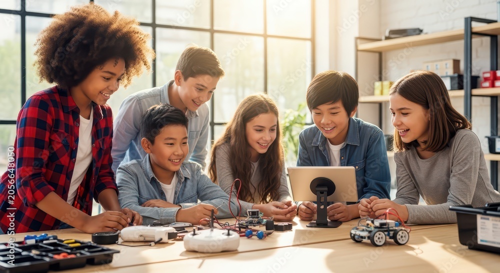 Fototapeta premium Diverse Group of Children Collaborating on a Robotics Project in a Bright STEM Classroom
